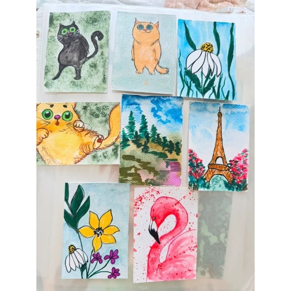 Set of 8 Original Mini Watercolor Paintings Handpainted ATC Art Cards